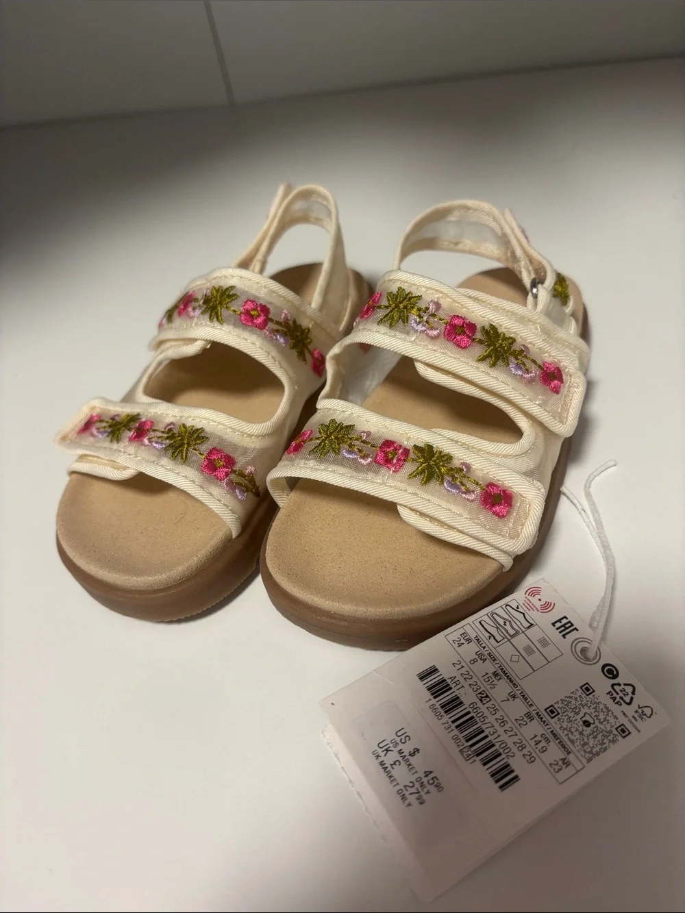 New Zara Cream Sandals with Pink & Green Floral Embroidery - Kids